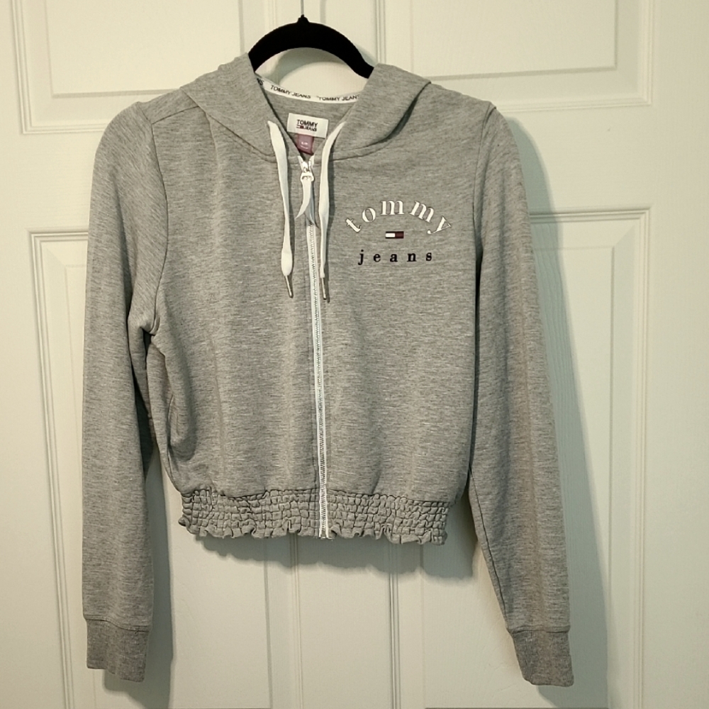 Tommy Hilfiger Gray Zip-Up Cropped Hoodie Size Small Y2K Style